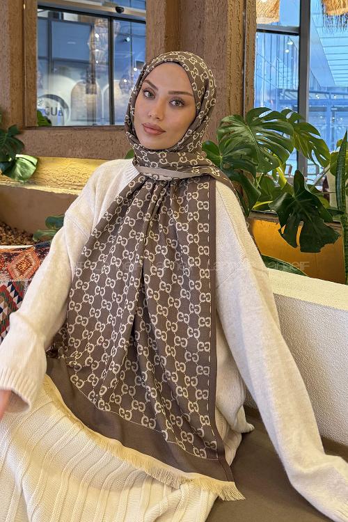 Lamelif G Desen Kaşmir Çift Taraflı Şal Soft Kahve Bej