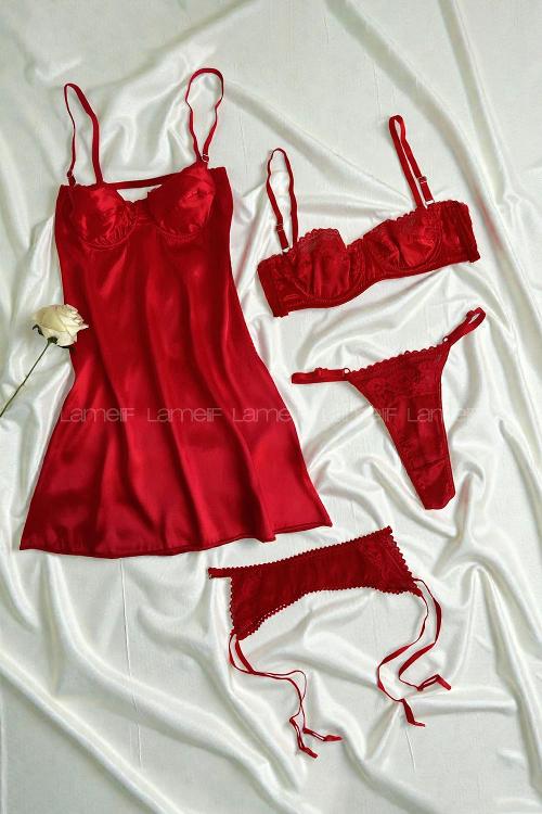 Lamelif Rhera Dantelli Saten Gecelikli Jartiyer Takım