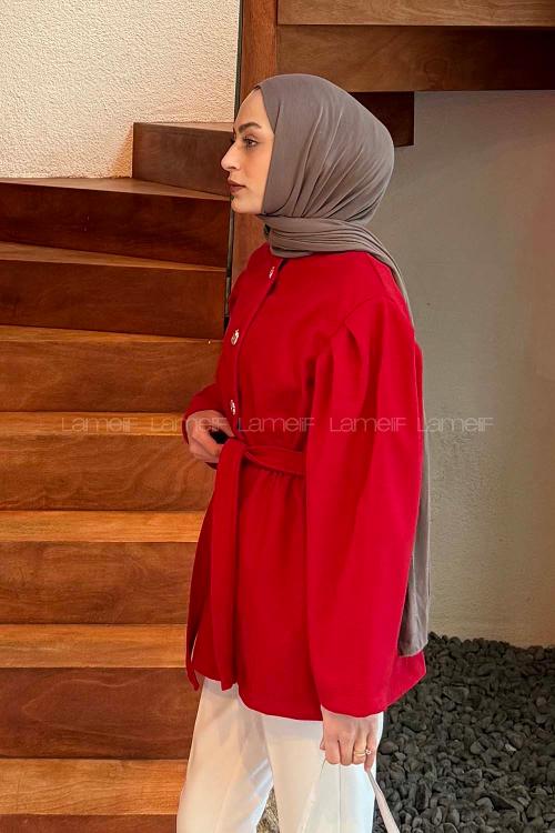 Lamelif Bel Lastikli Bağlama Detaylı Ceket Nar Çiçeği