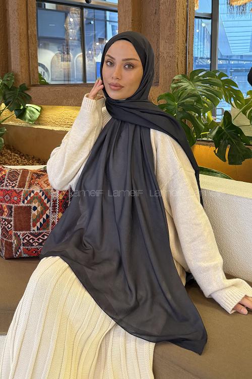 Lamelif Bulut Desen Müslin Şal Siyah Antrasit