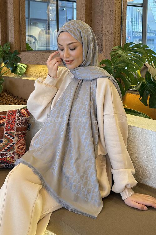 Lamelif Dior Desen Kaşmir Çift Taraflı Şal Gri Bej