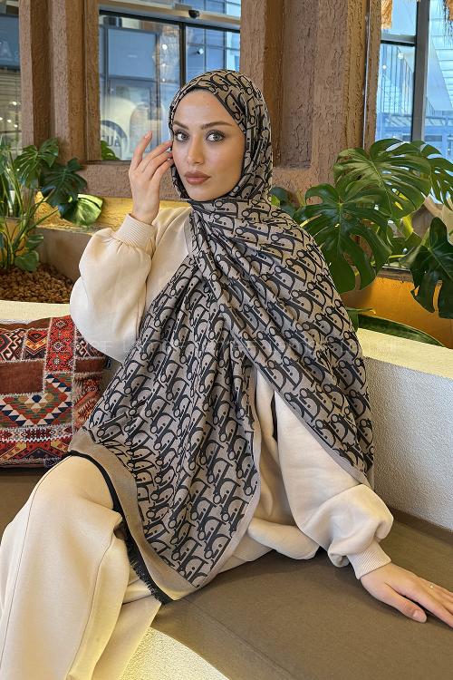 Lamelif Dior Desen Kaşmir Çift Taraflı Şal Siyah Vizon