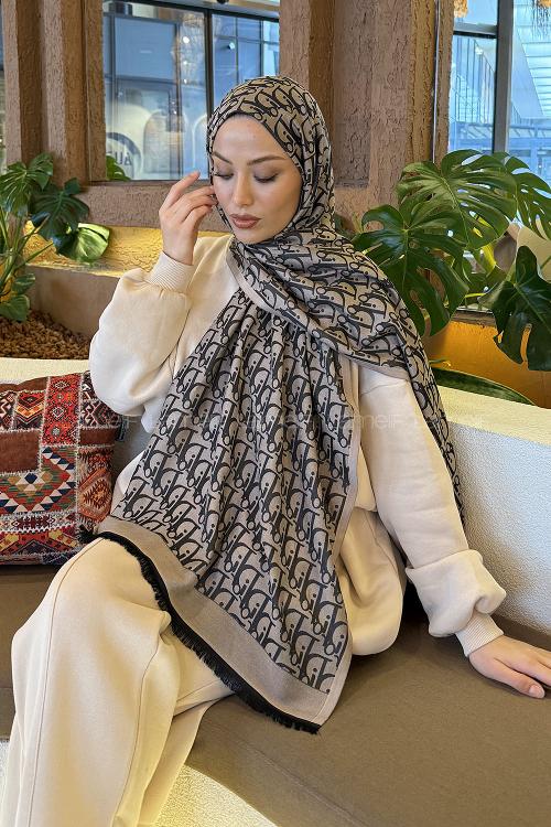 Lamelif Dior Desen Kaşmir Çift Taraflı Şal Siyah Vizon