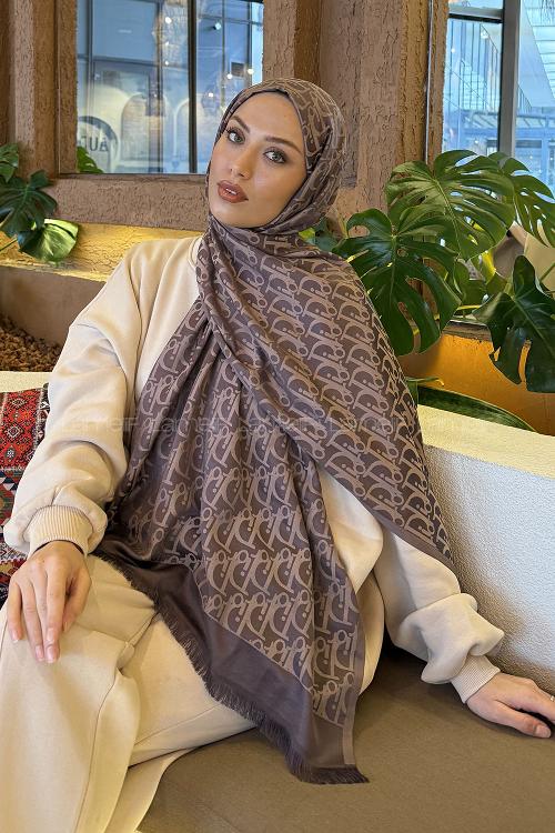 Lamelif Dior Desen Kaşmir Çift Taraflı Şal Tozlu Kahve