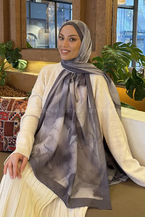 Lamelif Elegant Desen Müslin Şal Antrasit