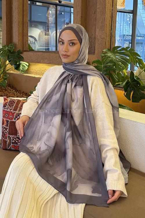 Lamelif Elegant Desen Müslin Şal Antrasit