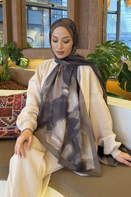 Lamelif Elegant Desen Müslin Şal Asker Yeşili