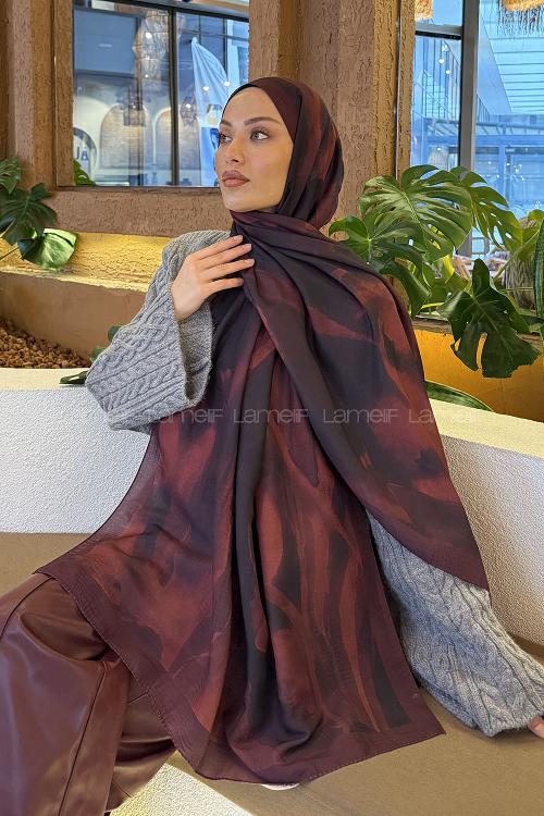Lamelif Elegant Desen Müslin Şal Bordo