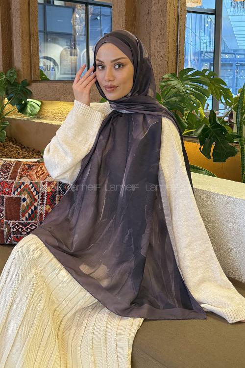 Lamelif Elegant Desen Müslin Şal Eflatun
