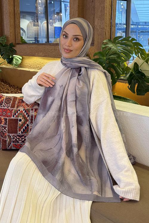 Lamelif Elegant Desen Müslin Şal Gri