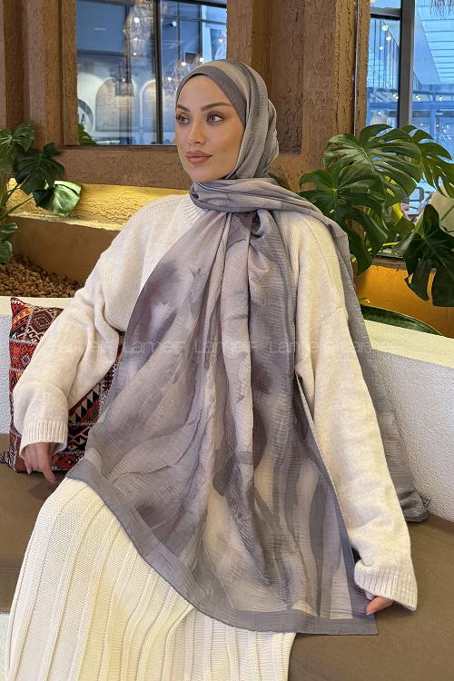 Lamelif Elegant Desen Müslin Şal Gri
