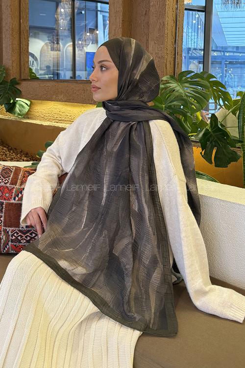 Lamelif Elegant Desen Müslin Şal Haki