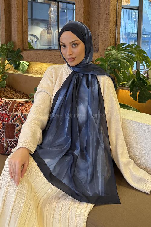 Lamelif Elegant Desen Müslin Şal Lacivert