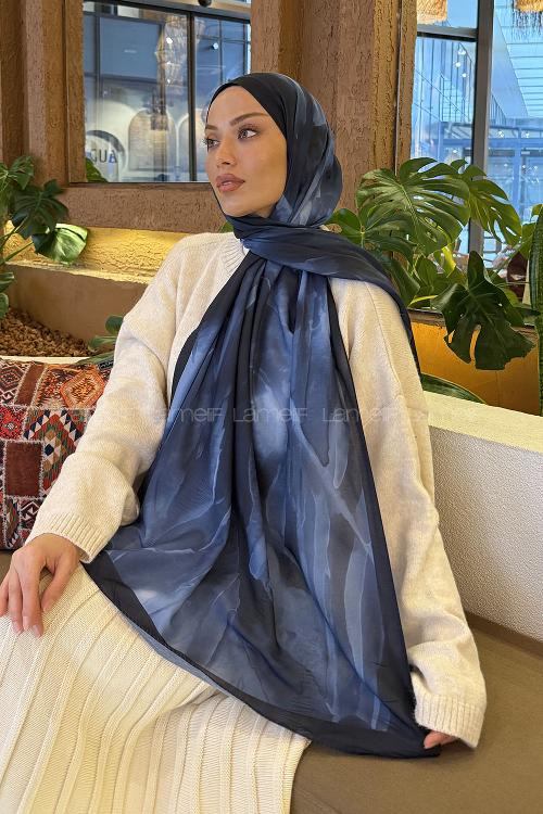 Lamelif Elegant Desen Müslin Şal Lacivert
