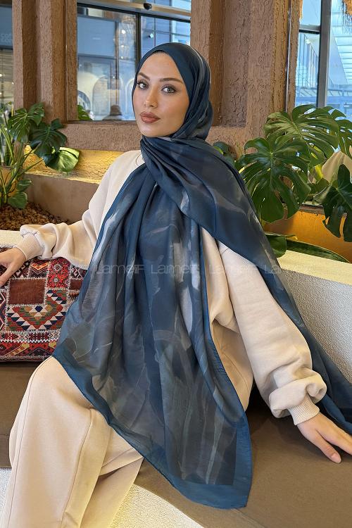 Lamelif Elegant Desen Müslin Şal Petrol Mavisi