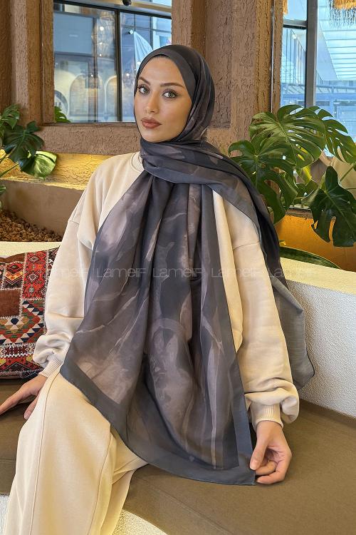 Lamelif Elegant Desen Müslin Şal Vizon Antrasit