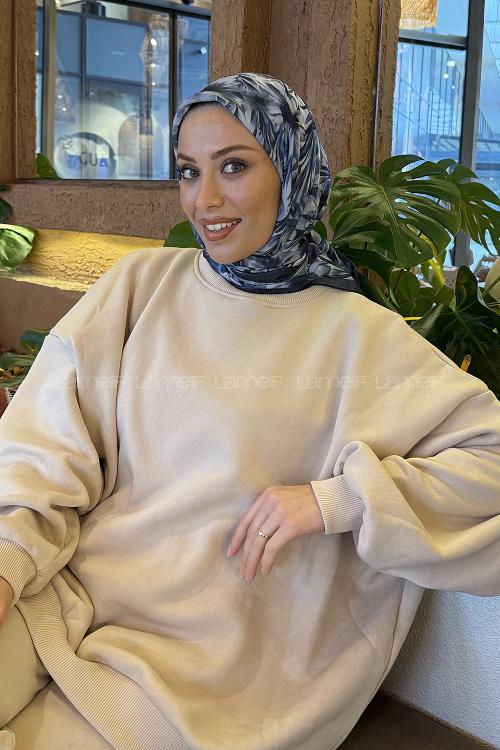 Lamelif Daisy Flowers Desen Soft Eşarp Antrasit İndigo