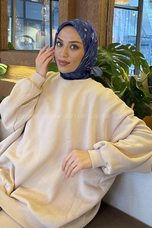 Lamelif Daisy Flowers Desen Soft Eşarp Gece Mavisi