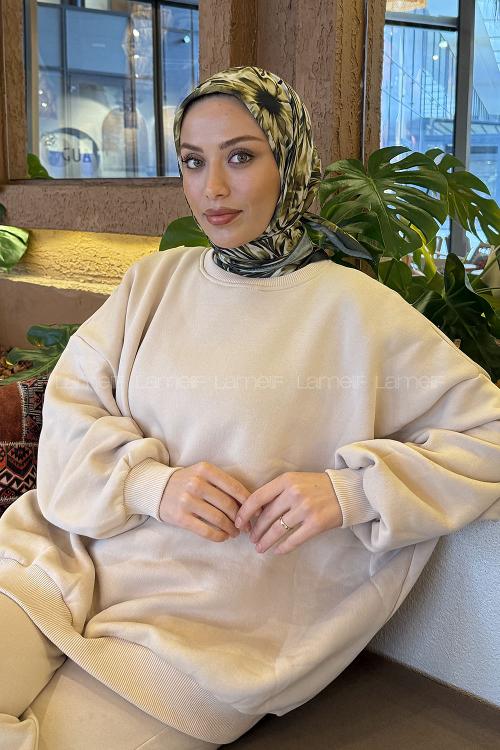 Lamelif Daisy Flowers Desen Soft Eşarp Haki