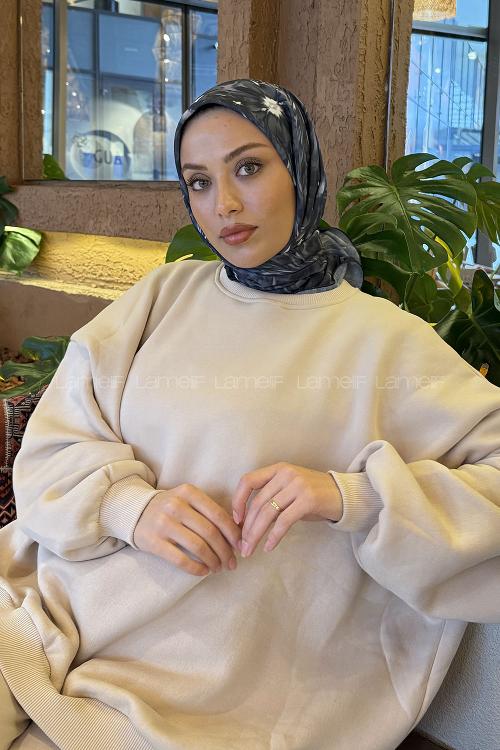 Lamelif Daisy Flowers Desen Soft Eşarp Siyah