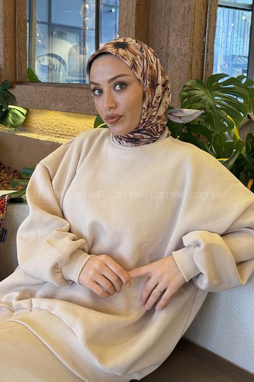 Lamelif Daisy Flowers Desen Soft Eşarp Vizon Tarçın