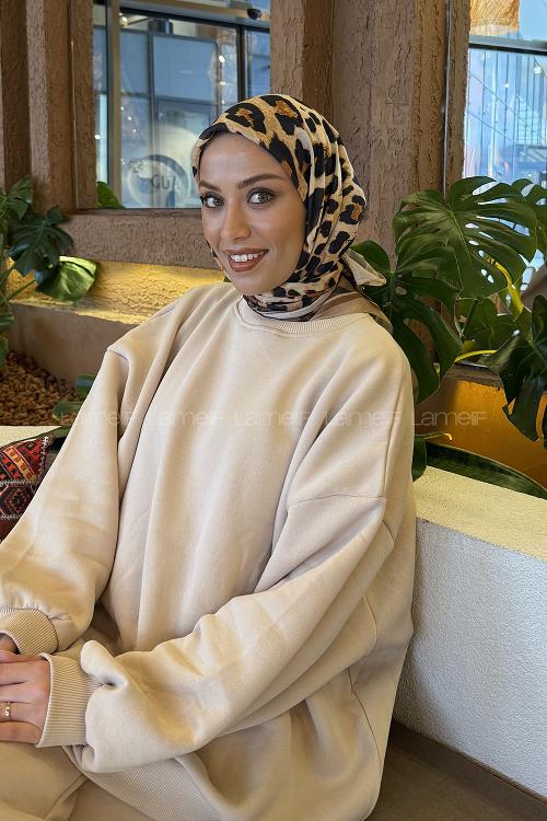 Lamelif Leopar Desen Soft Eşarp Bej
