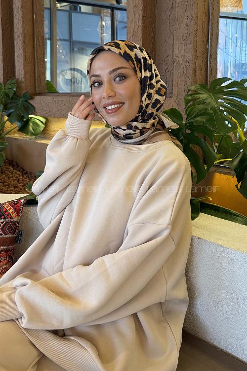 Lamelif Leopar Desen Soft Eşarp Bej