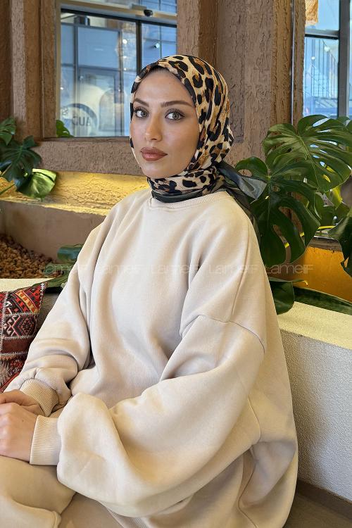 Lamelif Leopar Desen Soft Eşarp Haki
