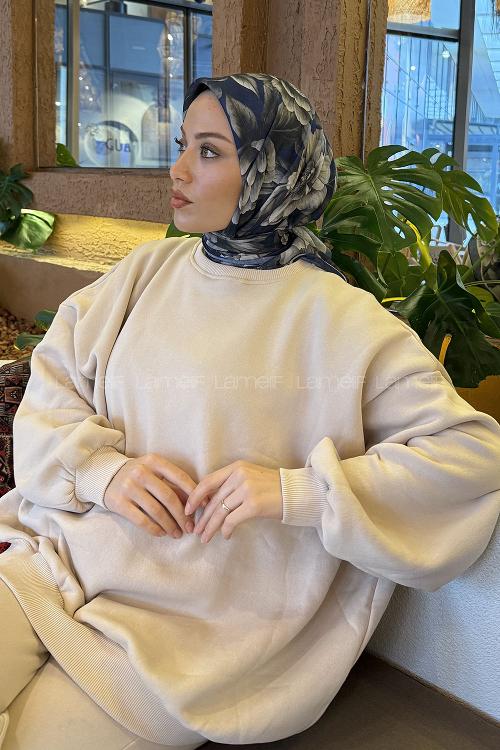 Lamelif Lotus Desen Soft Eşarp Lacivert