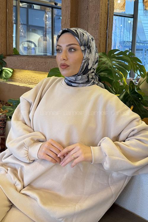 Lamelif Lotus Desen Soft Eşarp Siyah