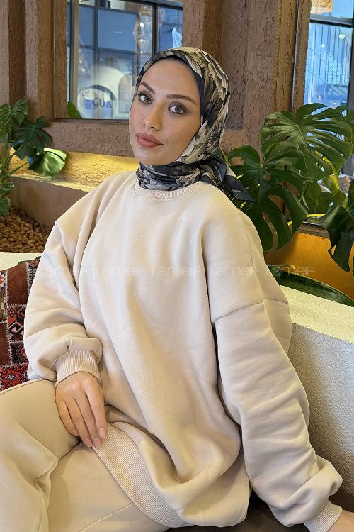 Lamelif Lotus Desen Soft Eşarp Siyah Vizon