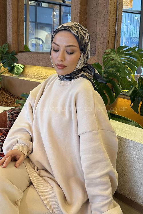 Lamelif Lotus Desen Soft Eşarp Siyah Vizon