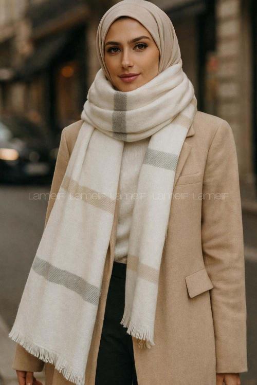 Lamelif Kadın Krem Desenli Atkı - Şal
