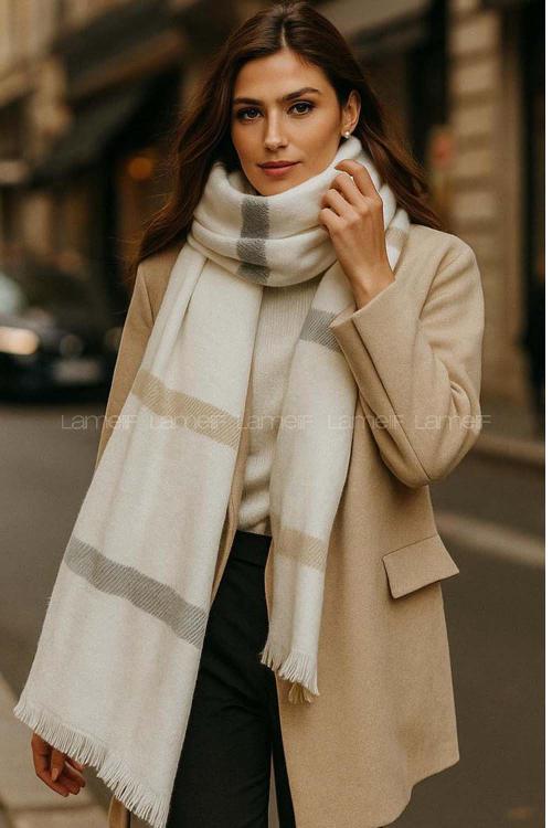 Lamelif Kadın Krem Desenli Atkı - Şal