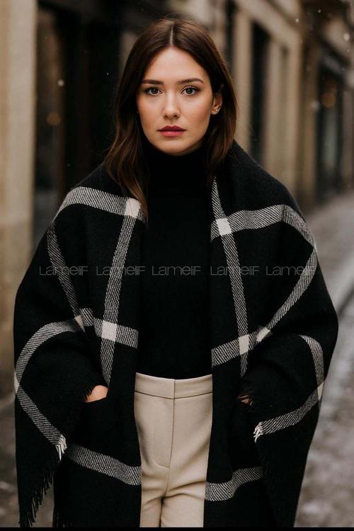 Lamelif Kadın Siyah Desenli Atkı - Şal