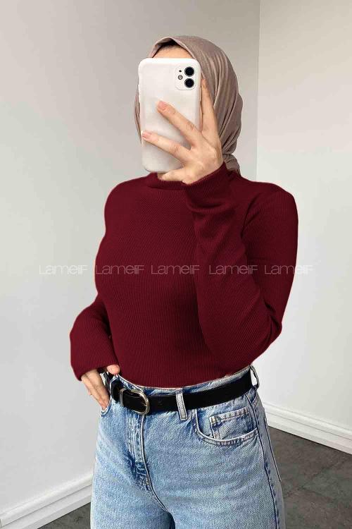 Lamelif Balıkçı Yaka Fitilli Body Bordo