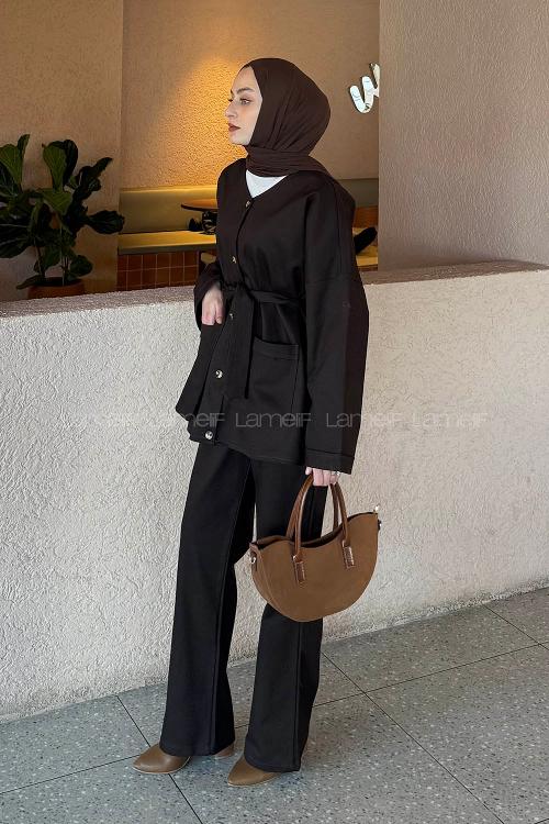 Lamelif Kuşaklı Gabardin Takım Acı Kahve