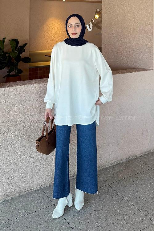 Lamelif Oysho Dikişli Sweat Ekru