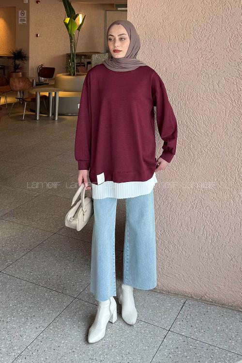 Lamelif Pilise Detaylı Tunik Bordo