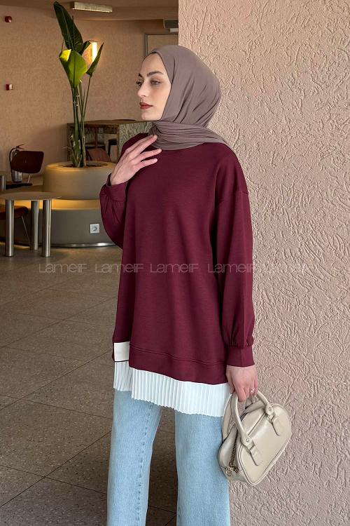 Lamelif Pilise Detaylı Tunik Bordo