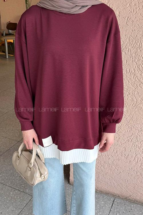 Lamelif Pilise Detaylı Tunik Bordo