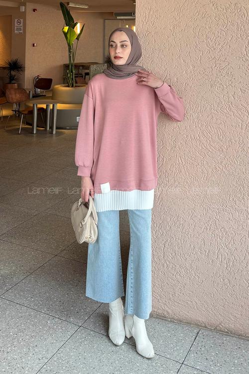 Lamelif Pilise Detaylı Tunik Gül Rengi