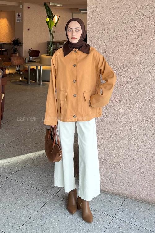 Lamelif Yaka Detaylı Parka Taba