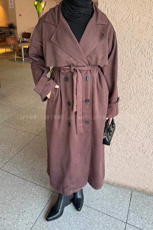 Lamelif Bağlama Detaylı Uzun Trençkot Acı Kahve