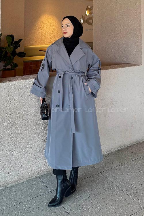 Lamelif Bağlama Detaylı Uzun Trençkot Gri