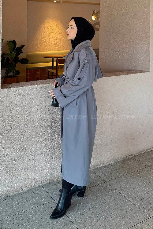 Lamelif Bağlama Detaylı Uzun Trençkot Gri