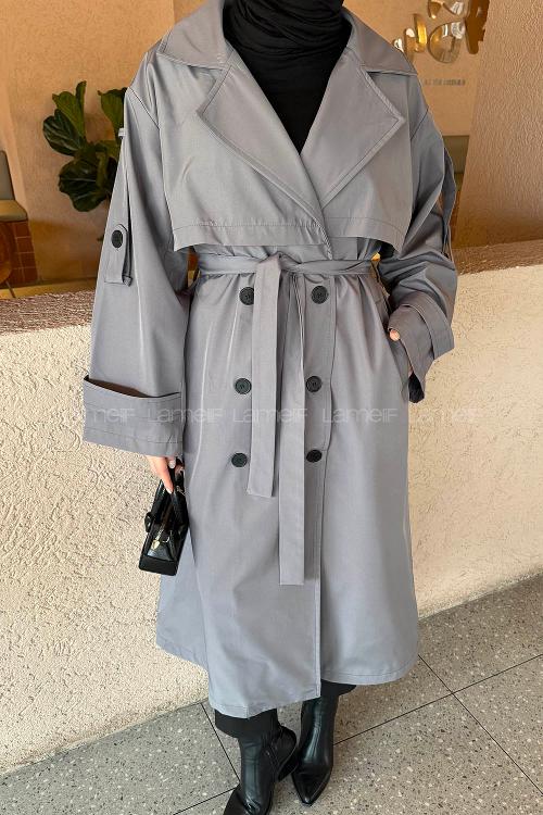 Lamelif Bağlama Detaylı Uzun Trençkot Gri