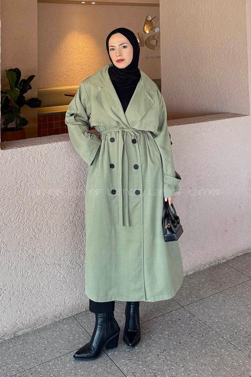 Lamelif Bağlama Detaylı Uzun Trençkot Haki