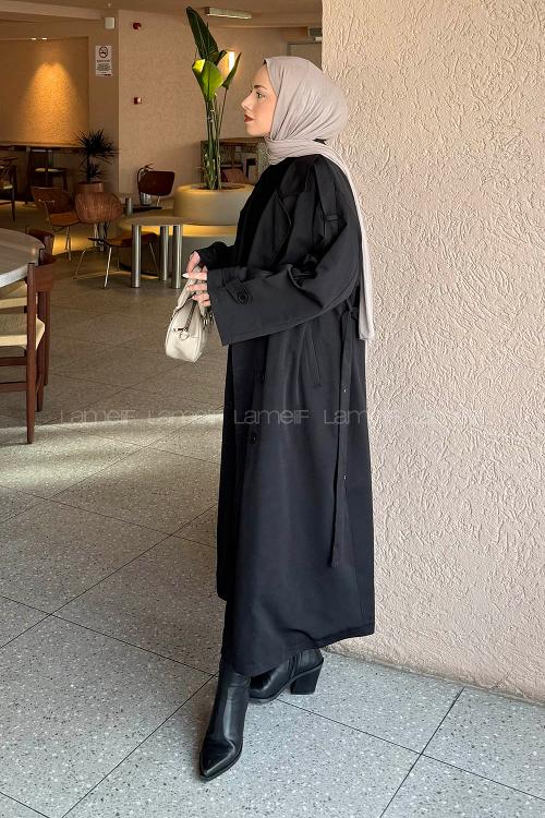 Lamelif Bağlama Detaylı Uzun Trençkot Siyah