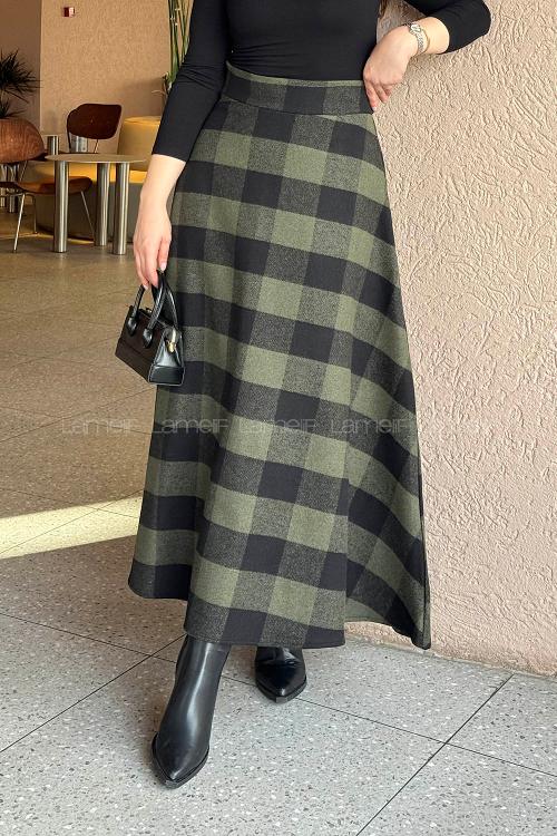 Lamelif Kaşe Ekose Detay Etek Haki